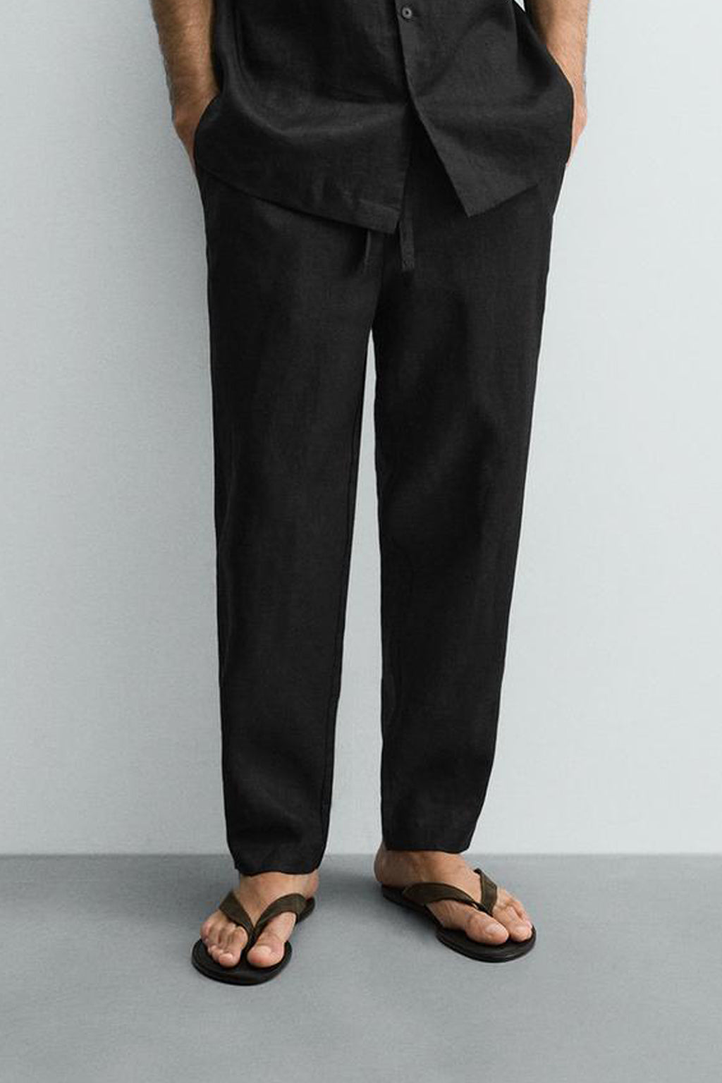 LINEN RELAXED FIT TROUSERS - BLACK