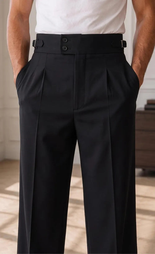 Black Gurkha Tuxedo Pants | High Waisted Double Pleated Wide Leg Formal Trousers