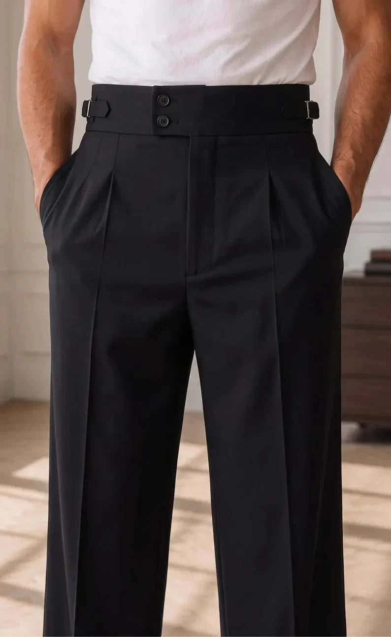Black Gurkha Tuxedo Pants | High Waisted Double Pleated Wide Leg Formal Trousers