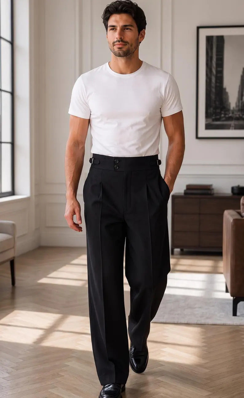 Black Gurkha Tuxedo Pants | High Waisted Double Pleated Wide Leg Formal Trousers