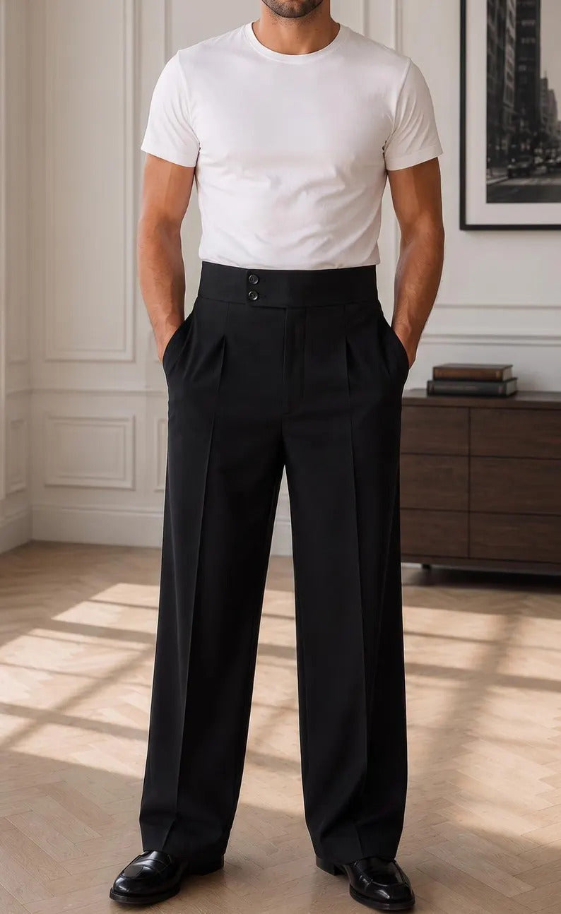 Black Gurkha Tuxedo Pants | High Waisted Double Pleated Wide Leg Formal Trousers