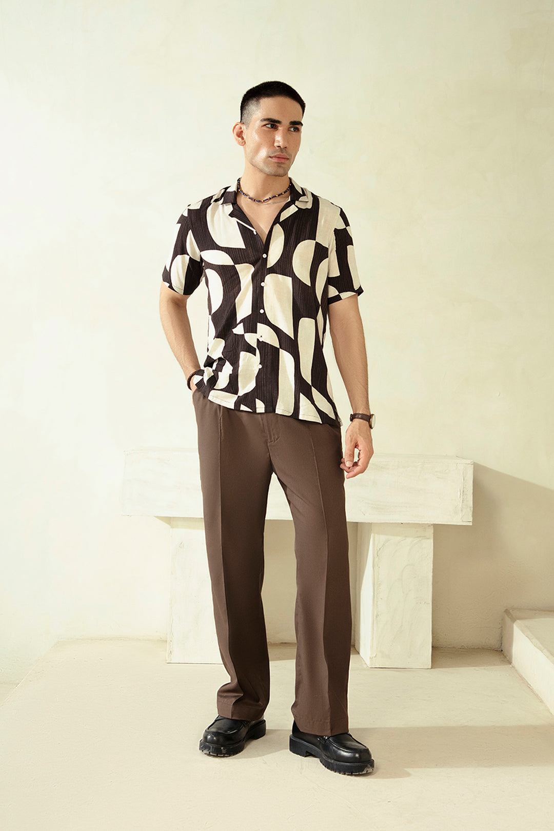 PRINTED CUBAN COLLAR SHIRT-BLACK