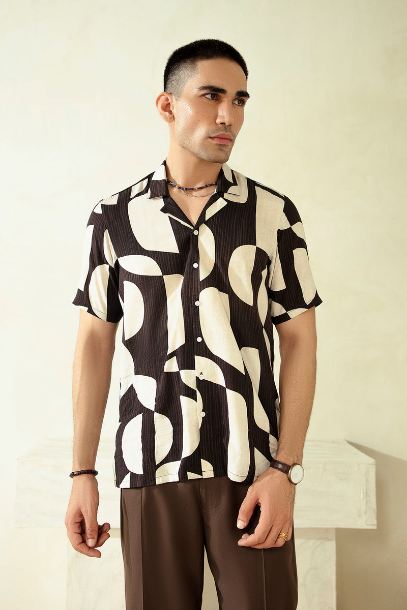 PRINTED CUBAN COLLAR SHIRT-BLACK