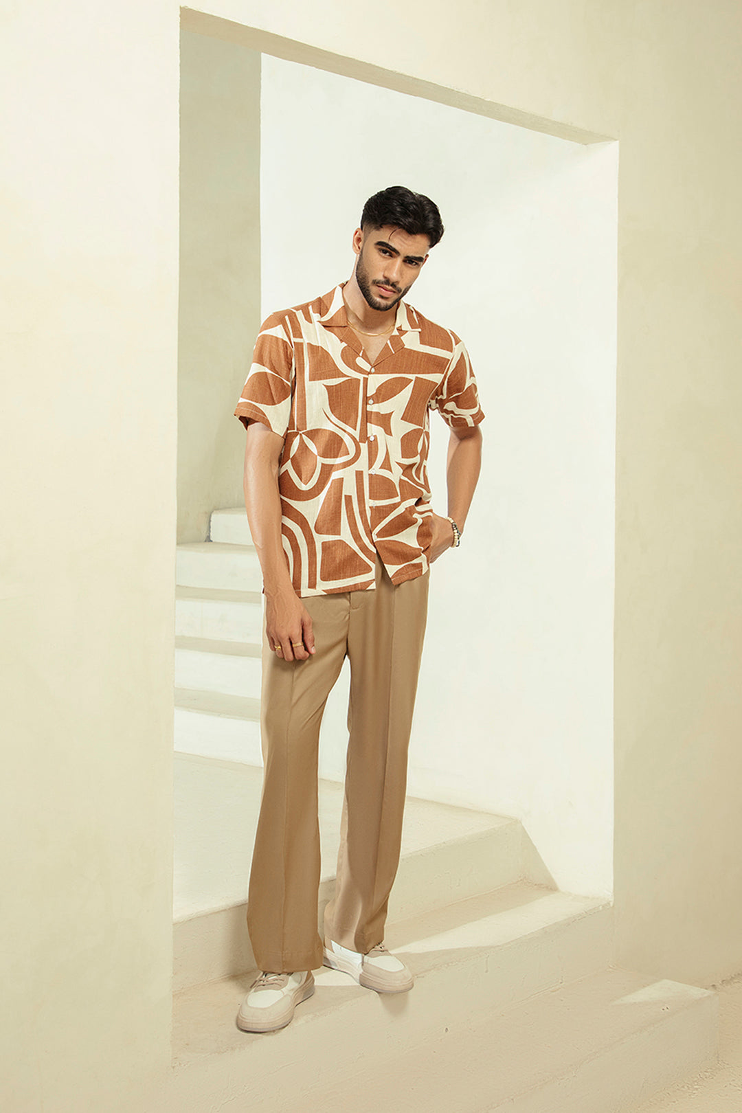PRINTED CUBAN COLLAR SHIRT-BROWN