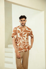 PRINTED CUBAN COLLAR SHIRT-BROWN