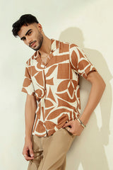 PRINTED CUBAN COLLAR SHIRT-BROWN
