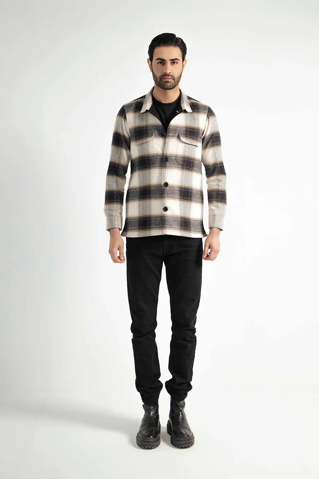 CHECK FLANNEL WOOL OVERSHIRT WITH POCKETS - Mensiox