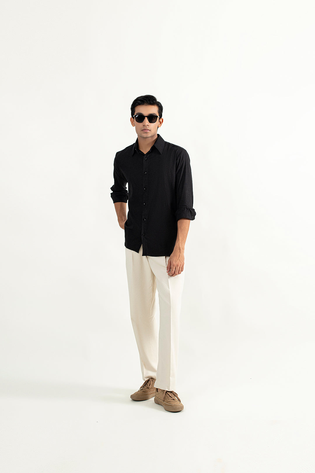 LINEN BUTTON DOWN SHIRT-BLACK