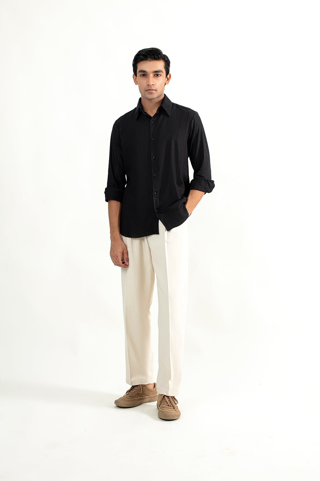 LINEN BUTTON DOWN SHIRT-BLACK