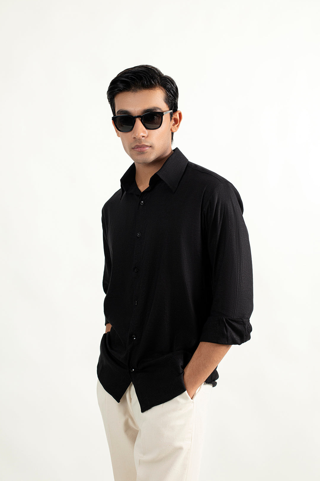 LINEN BUTTON DOWN SHIRT-BLACK