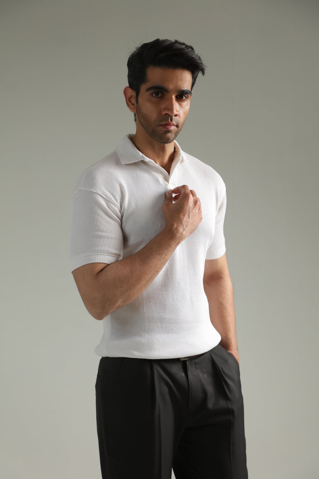 TEXTURED KNIT POLO-WHITE