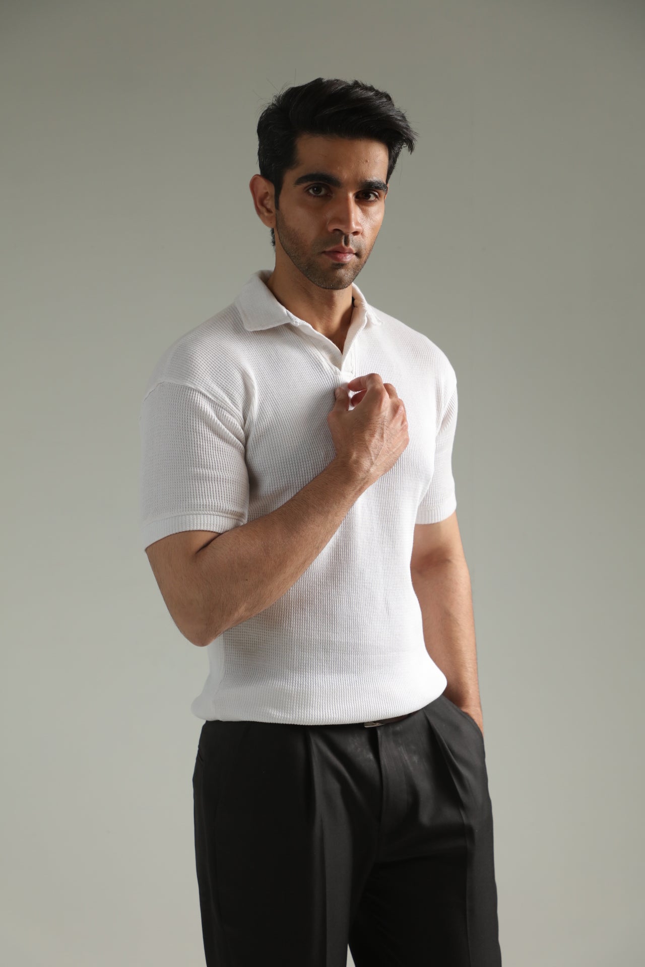 TEXTURED KNIT POLO-WHITE