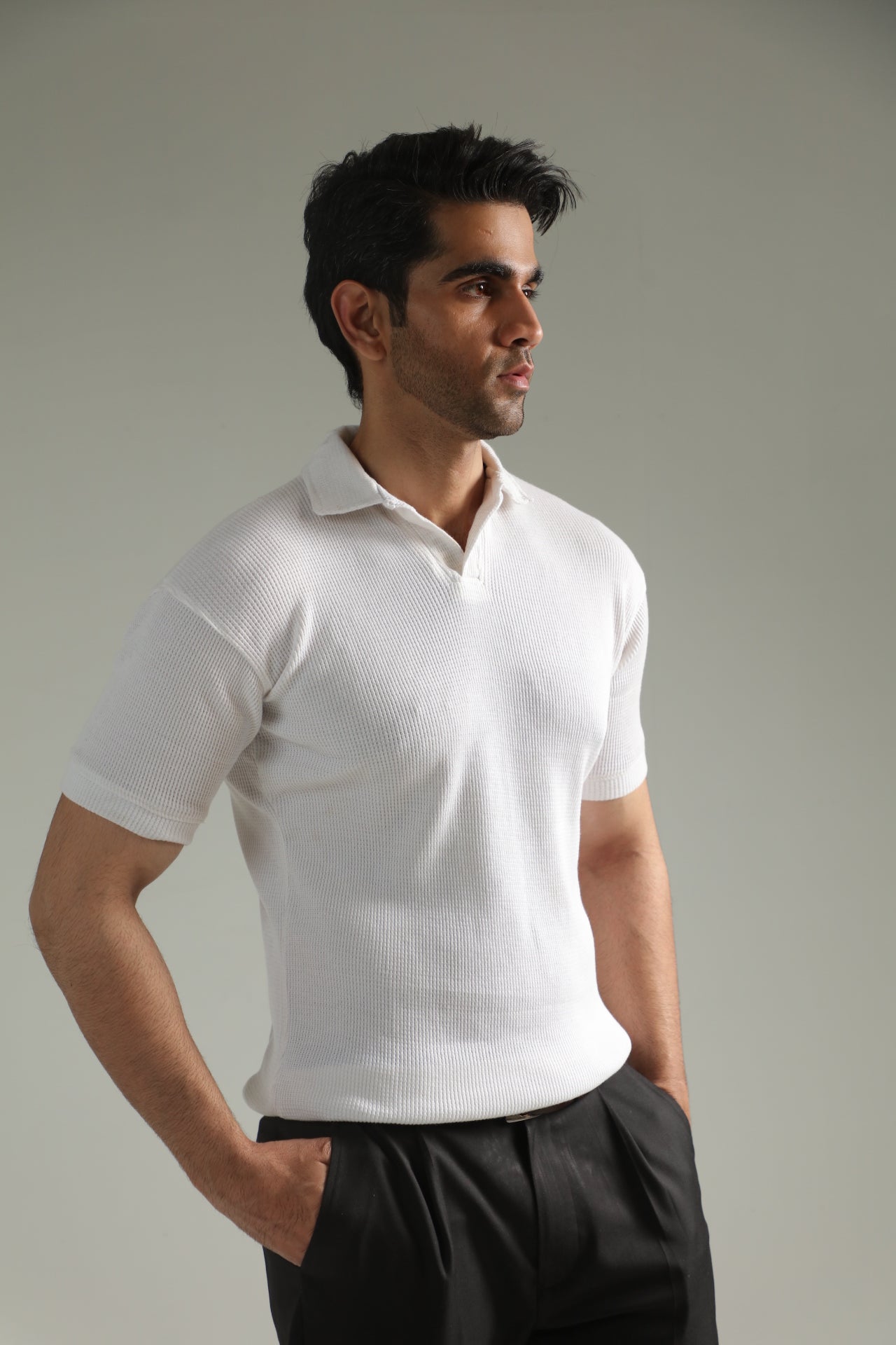 TEXTURED KNIT POLO-WHITE