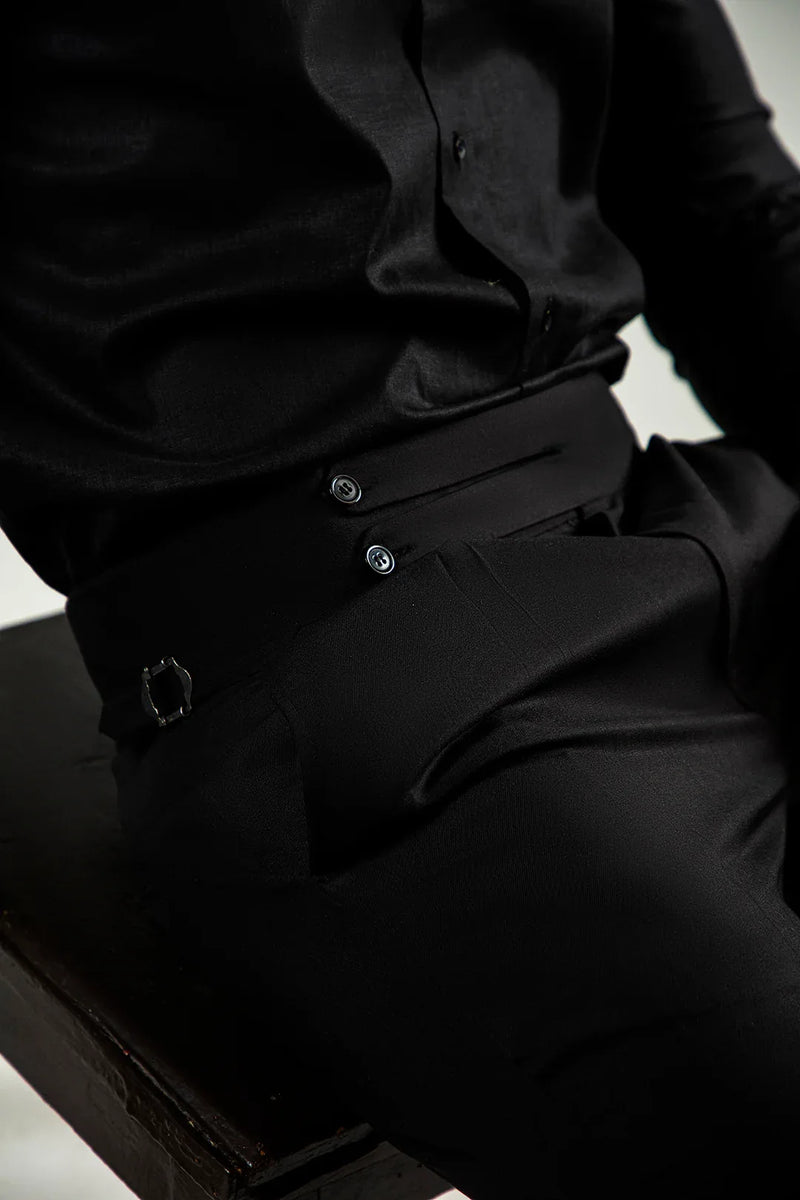 BLACK SPLIT TWO BUTTONED GURKHA PANT - Mensiox