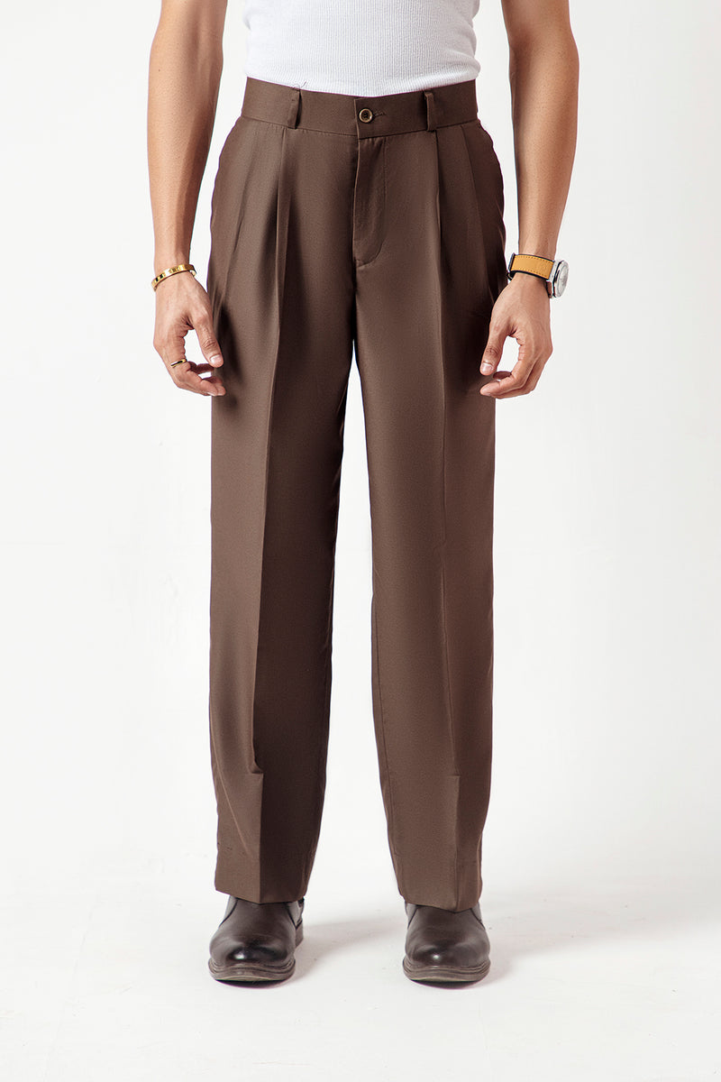 DOUBLE PLEATED KOREAN TROUSER-BROWN