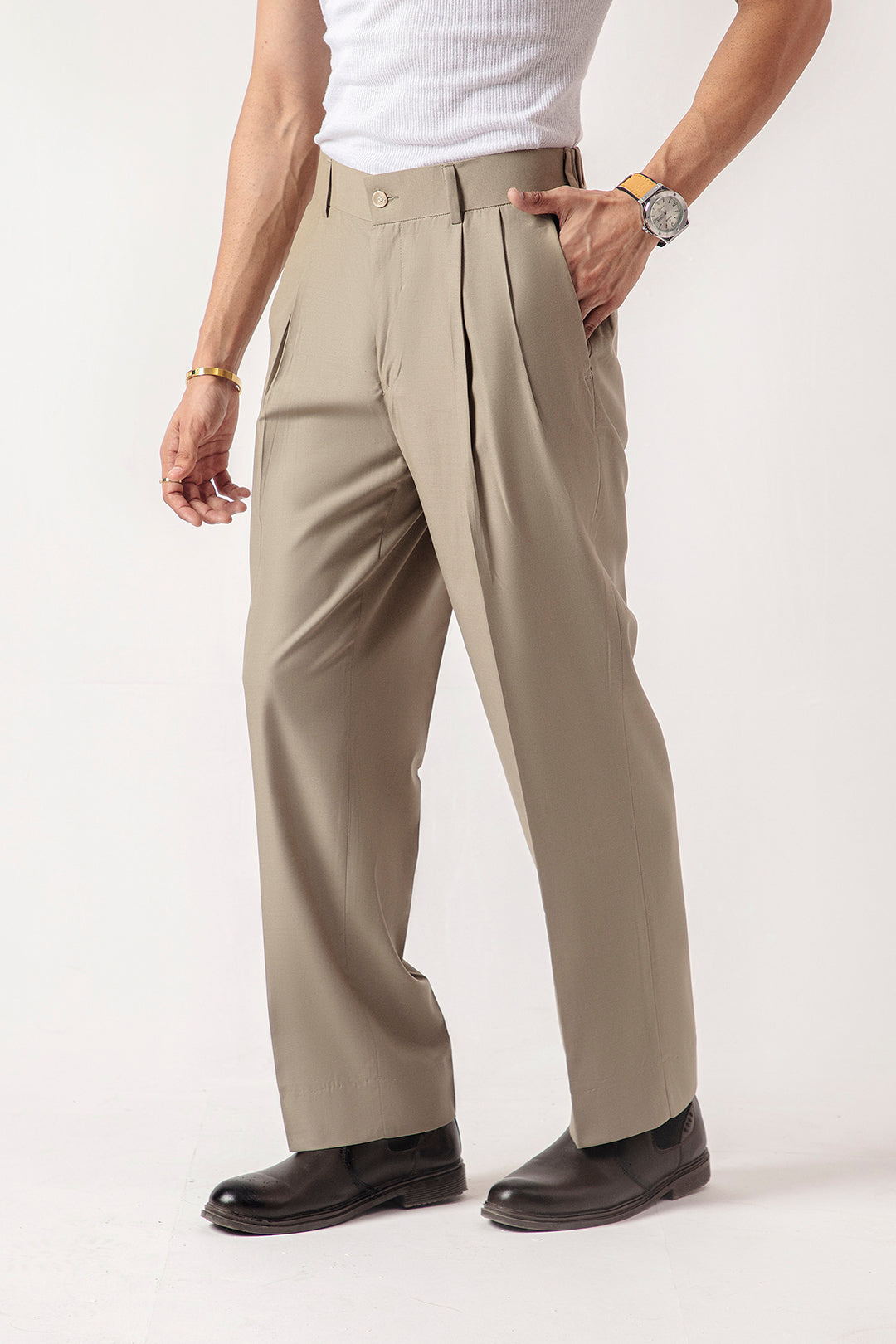 DOUBLE PLEATED KOREAN TROUSER - KHAKI