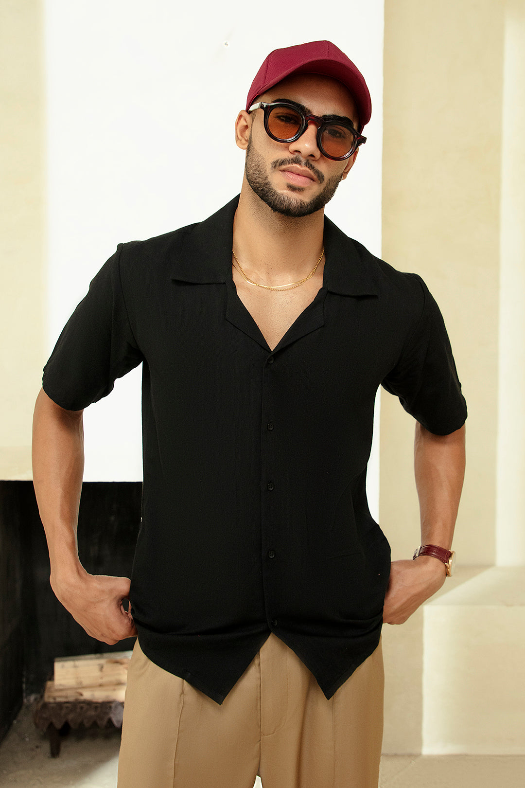 SOLID RESORT COLLAR SHORT SLEEVE SHIRT