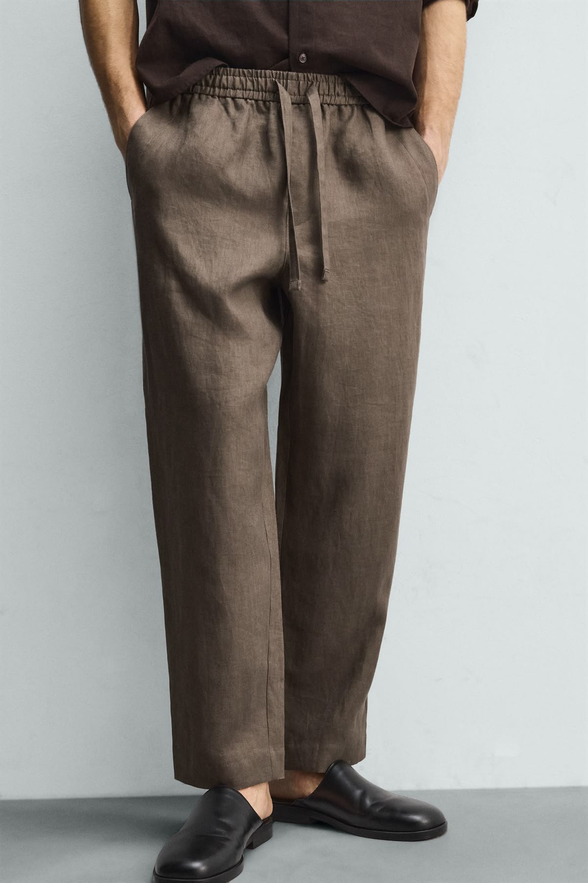 LINEN RELAXED FIT TROUSERS - COCOA
