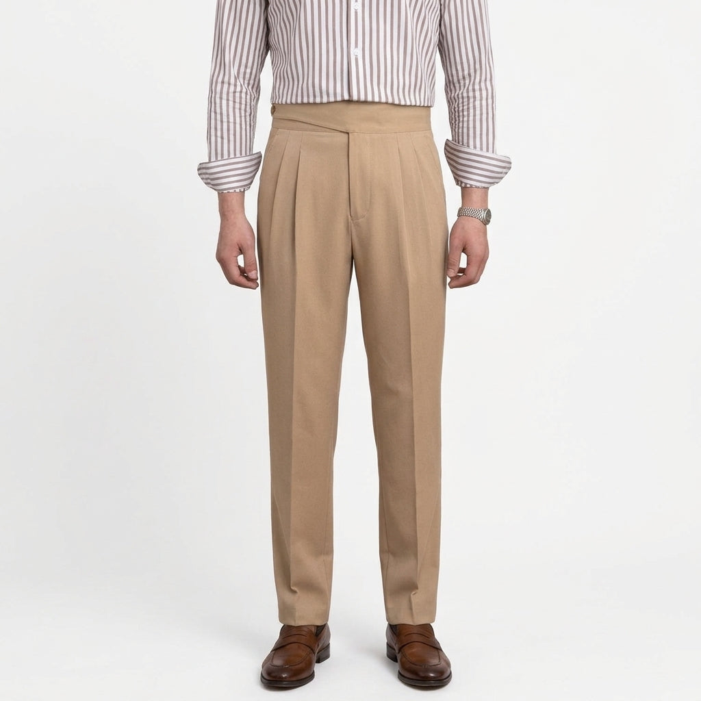Beige High Waisted Double Pleated GURKHA PANT