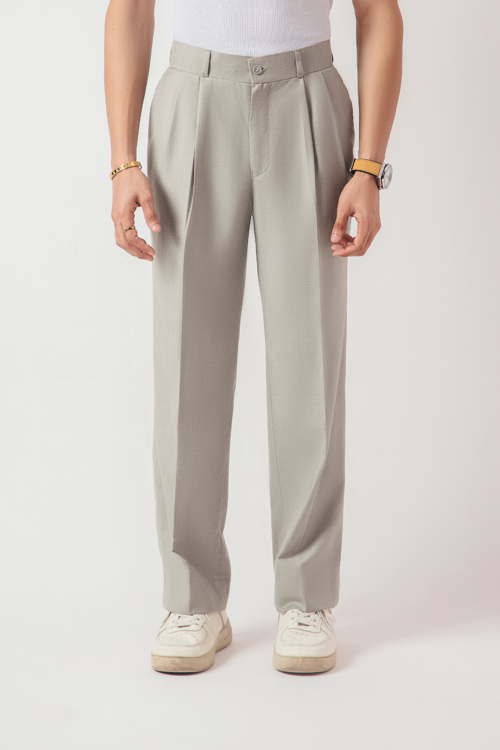 DOUBLE PLEATED KOREAN TROUSER - SAGE GREY