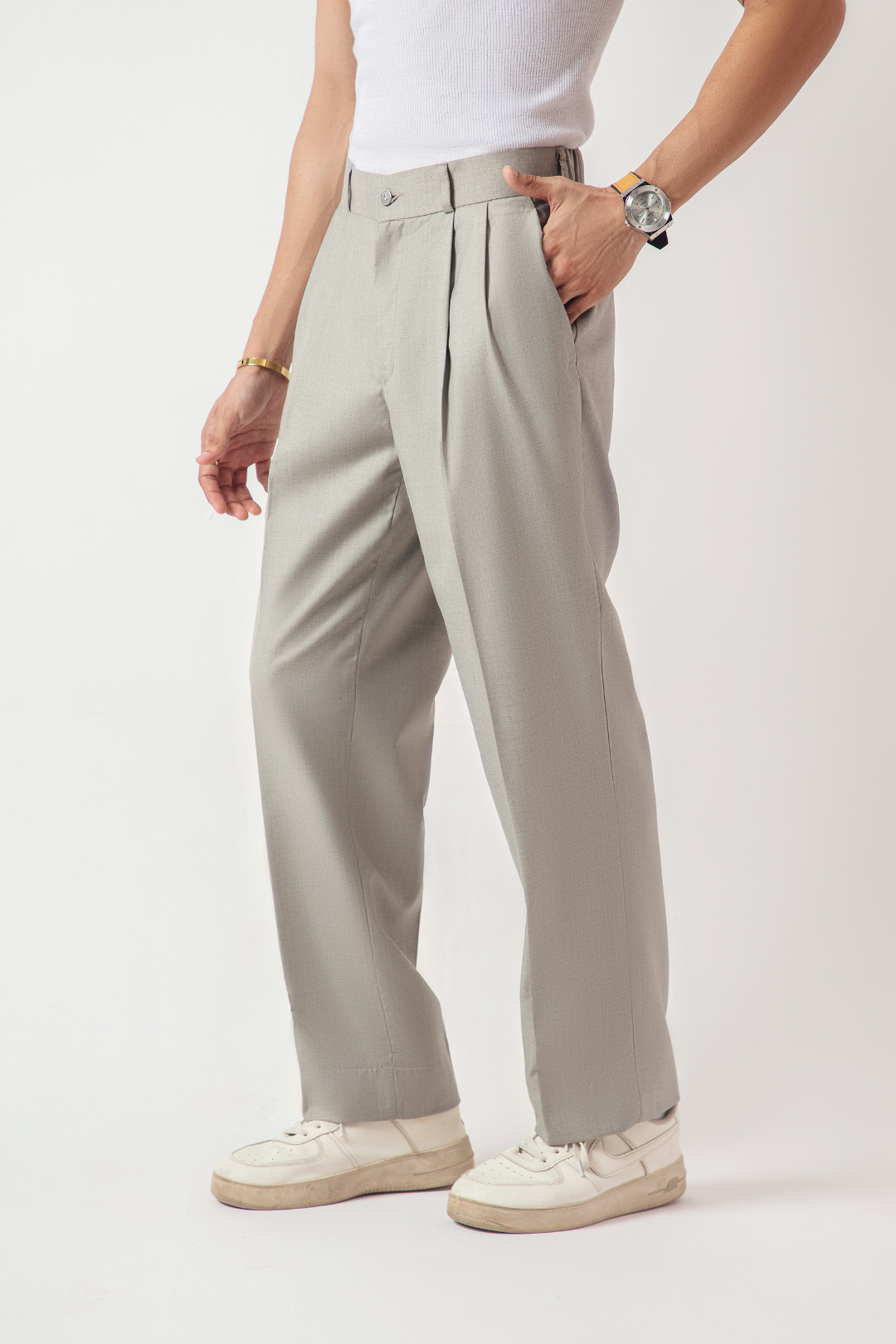 DOUBLE PLEATED KOREAN TROUSER - SAGE GREY