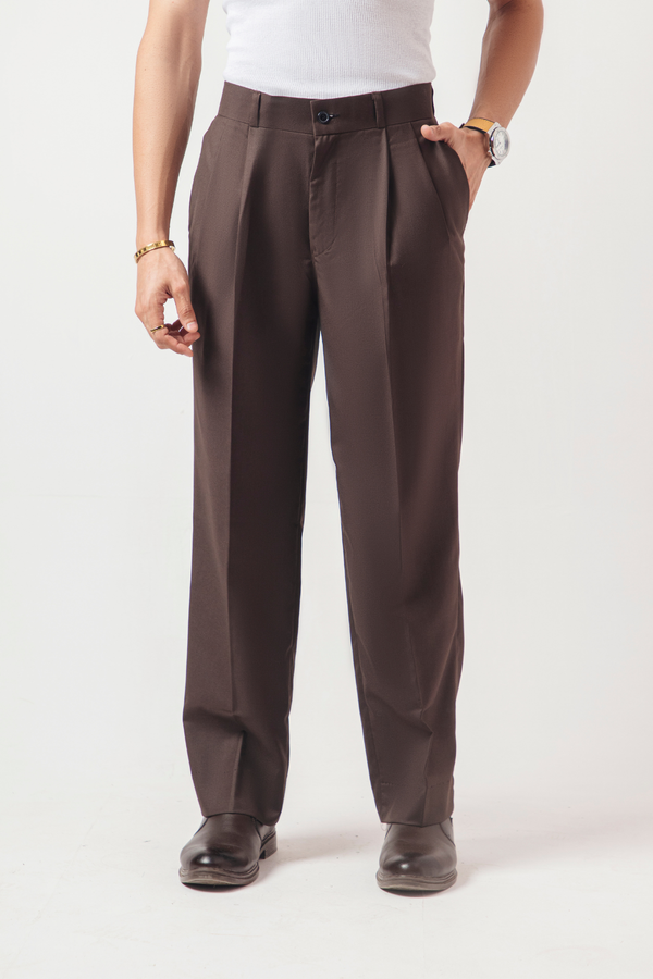 DOUBLE PLEATED KOREAN TROUSER - DARK BROWN