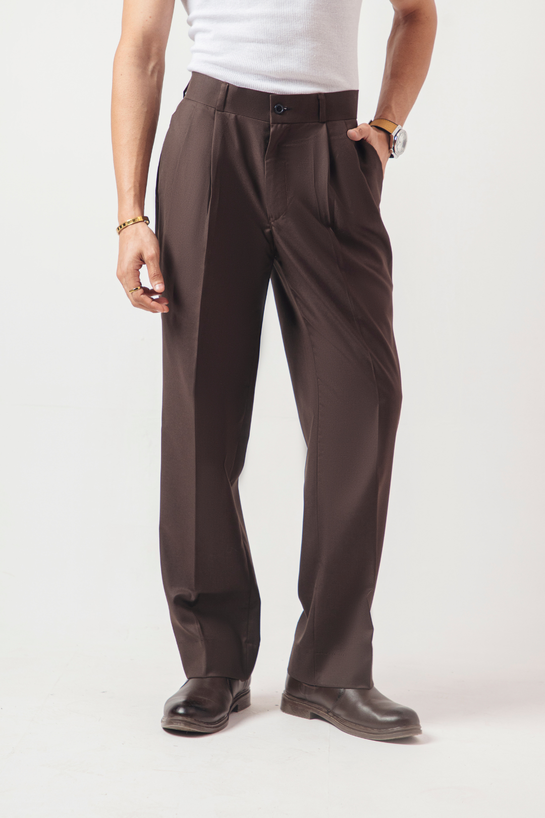 DOUBLE PLEATED KOREAN TROUSER - DARK BROWN